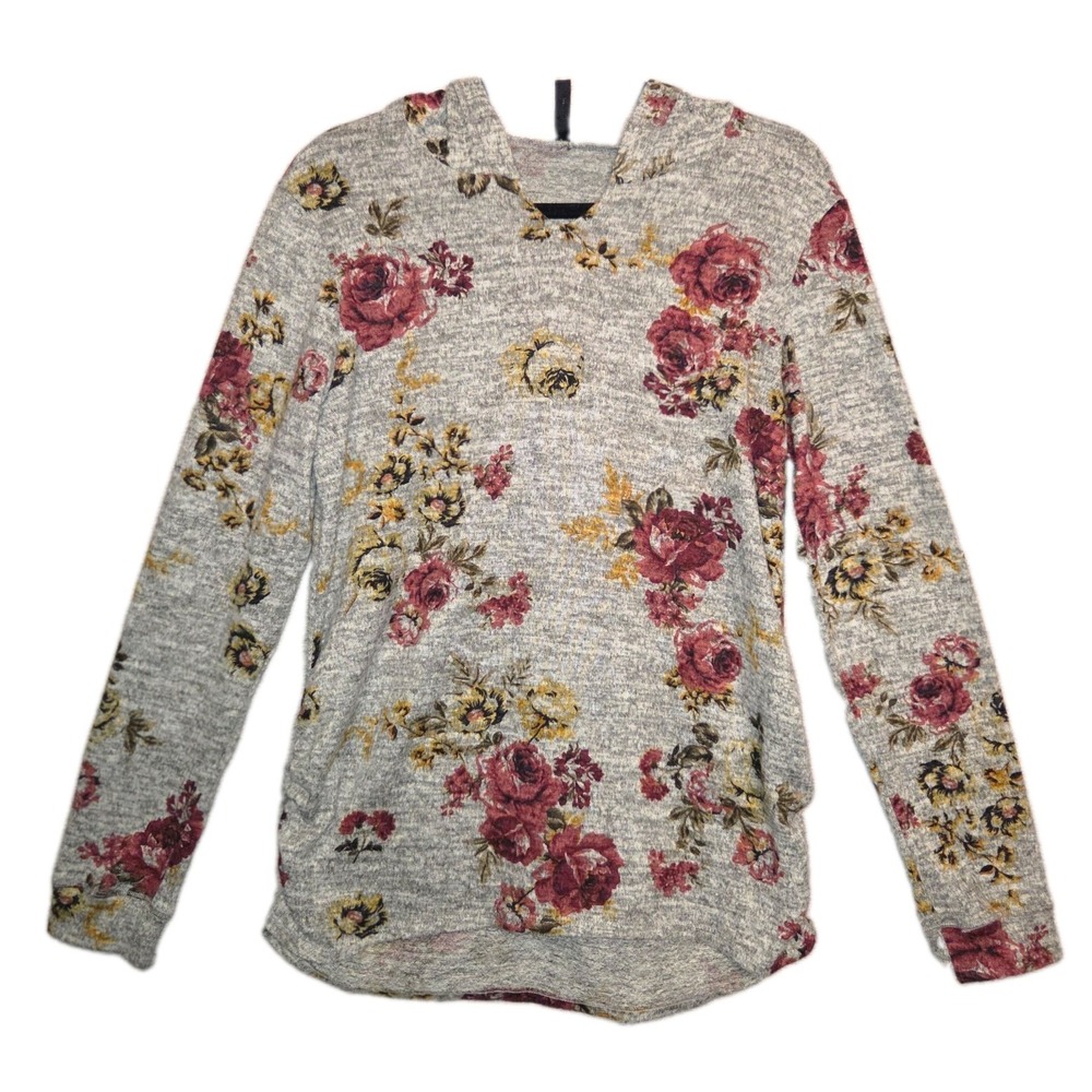 Jessie & J Maternity Hoodie Blouse Women's Large Gray Floral Comfort Stretch Top